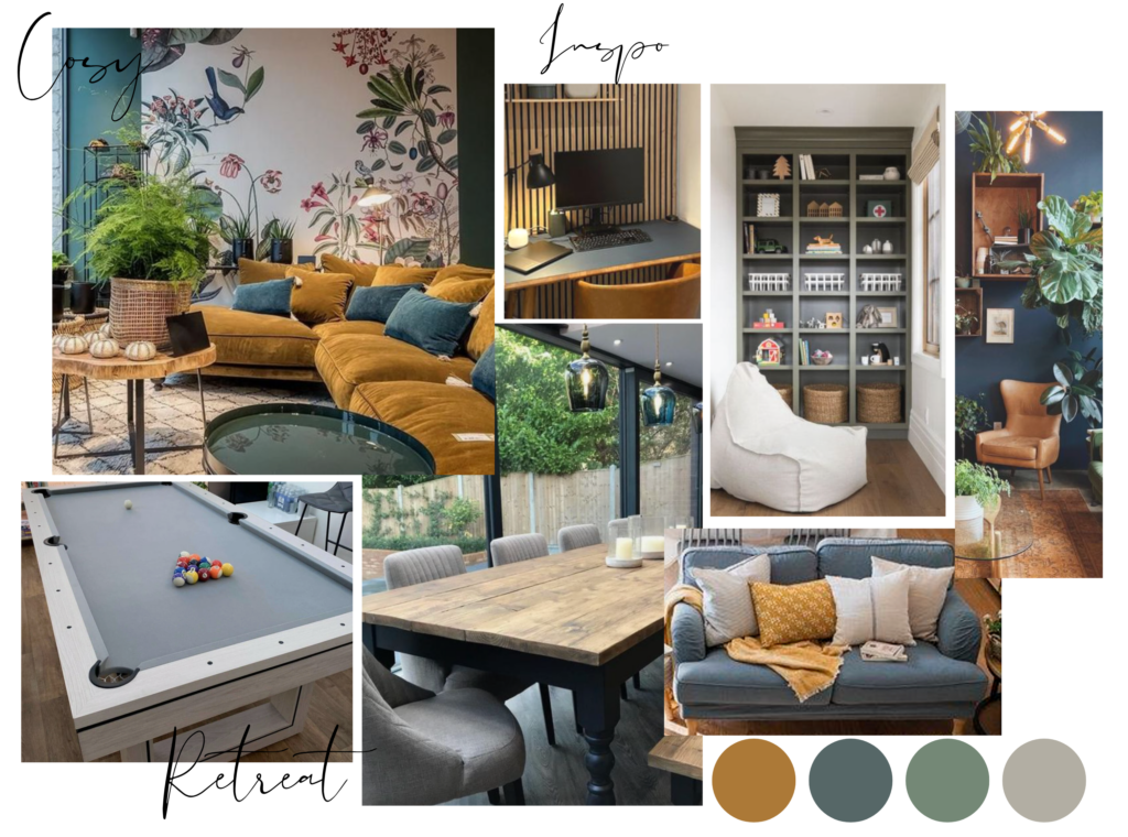 Collage of interior design images: Cozy mustard sofa with blue cushions, minimalist desk setup, organized bookshelf, white bean bag, pool table, rustic dining table, gray sofa with mustard throw, and an armchair with houseplants. Texts: "Cosy," "Inspo," "Retreat."