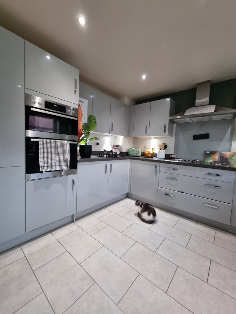 A small cat rests on a tiled floor of a modern kitchen with glossy gray cabinets, built-in appliances, countertops with various items, and under-cabinet lighting creating a warm ambiance.